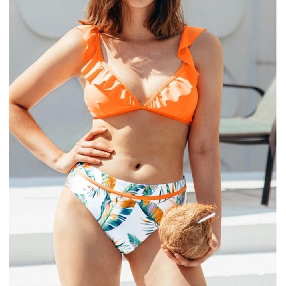 NEW Neon Orange White Floral Print Ruffle Bikini Bathing Suit Size Medium